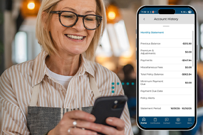Person using the policy mobile App on a smartphone.