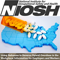 National Institute of Occupational Safety and Health image of a bottle of pills scattered across a graphic representation of the United States map